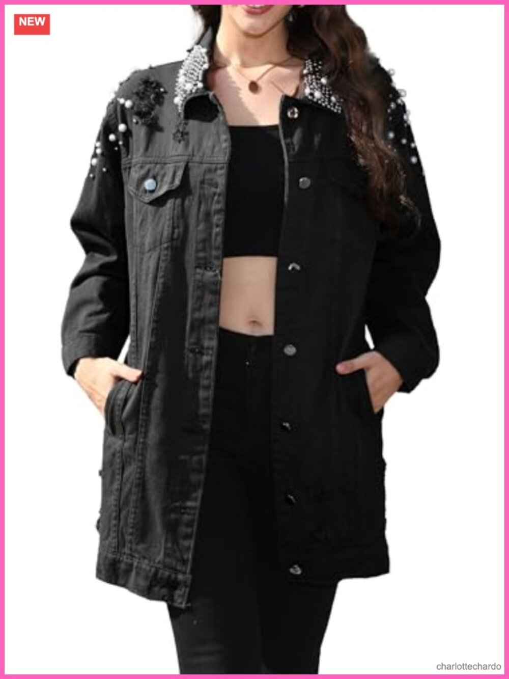 Women's Pearl Embellished Denim Jacket Long Sleeve Button Down Boyfriend